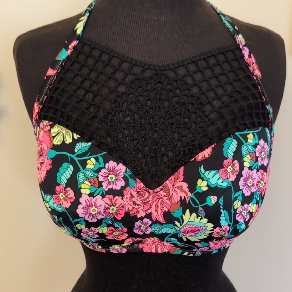 Floral Halter Bikini Top with Black Mesh
